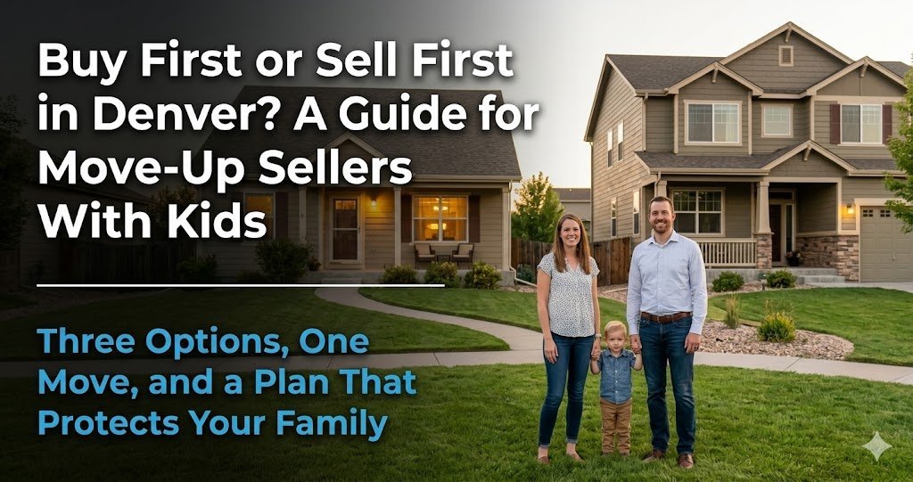 Family with young child standing in front of a two-story home in Denver's suburbs at dusk, with text reading Buy First or Sell First in Denver, A Guide for Move-Up Sellers With Kids
