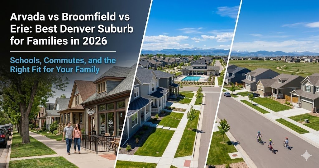 Aerial view comparing suburban neighborhoods in Arvada, Broomfield, and Erie Colorado with mountain views, community pools, and families biking, with text reading Arvada vs Broomfield vs Erie Best Denver Suburb for Families in 2026