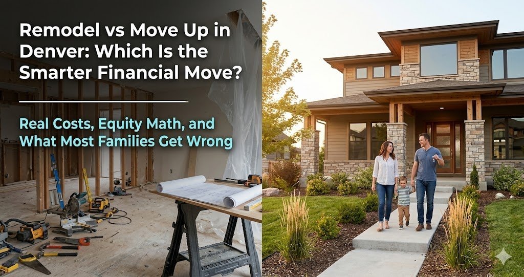 Comparing a home renovation in progress with construction tools and blueprints on the left and a young family walking into a move-up home in Denver's suburbs on the right, with text reading Remodel vs Move Up in Denver Which Is the Smarter Financial Move
