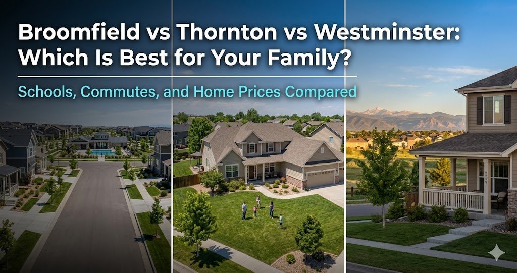 Comparison showing suburban neighborhoods in Broomfield, Thornton, and Westminster Colorado with mountain views and a family walking outside their home, with text reading Broomfield vs Thornton vs Westminster Which Is Best for Your Family