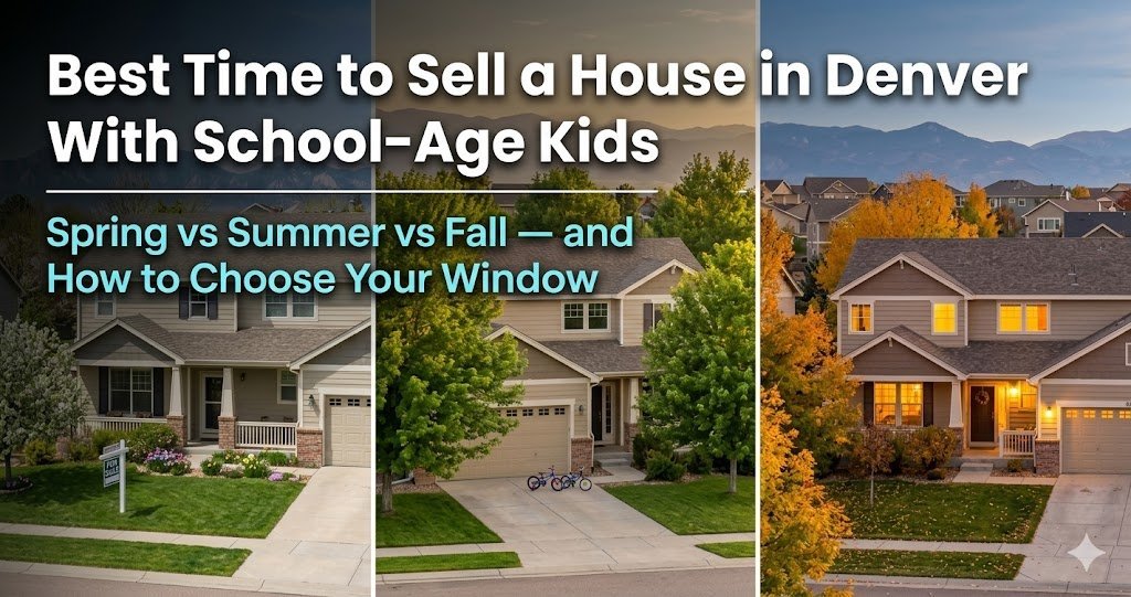 Comparison of a Denver suburban home shown in spring, summer, and fall with mountain views and changing foliage, with text reading Best Time to Sell a House in Denver With School-Age Kids Spring vs Summer vs Fall and How to Choose Your Window