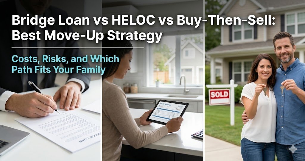Three-panel image showing a person signing a bridge loan document, a woman reviewing a HELOC statement on a tablet, and a couple holding keys in front of a sold sign, with text reading Bridge Loan vs HELOC vs Buy-Then-Sell Best Move-Up Strategy