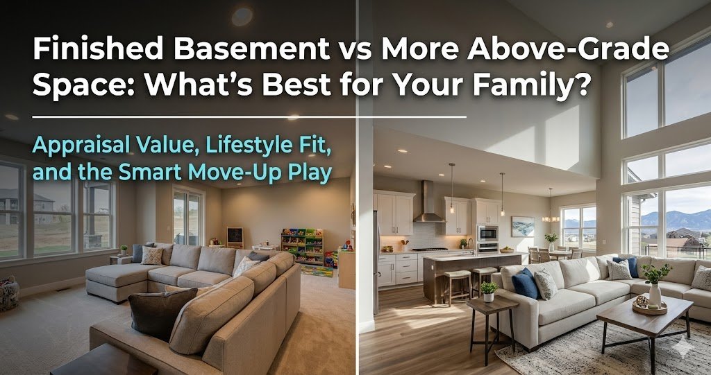 Side-by-side comparison of a finished basement family room with toys and sectional sofa on the left and a bright above-grade open-concept living area with mountain views on the right, with text reading Finished Basement vs More Above-Grade Space What's Best for Your Family