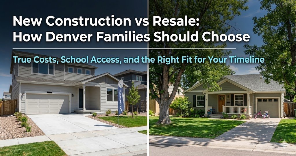 Side-by-side comparison of a new construction home with a builder flag on the left and an established resale bungalow with a mature tree and kids bikes in the driveway on the right, with text reading New Construction vs Resale How Denver Families Should Choose