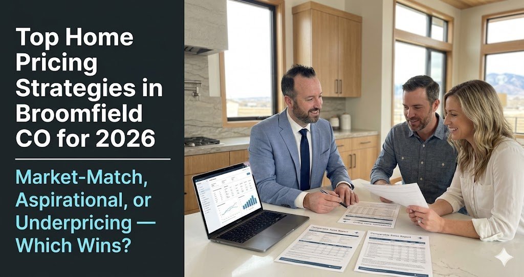 Real estate agent reviewing comparable sales reports and market data on a laptop with a couple at a kitchen table with mountain views, with text reading Top Home Pricing Strategies in Broomfield CO for 2026 Market-Match Aspirational or Underpricing Which Wins
