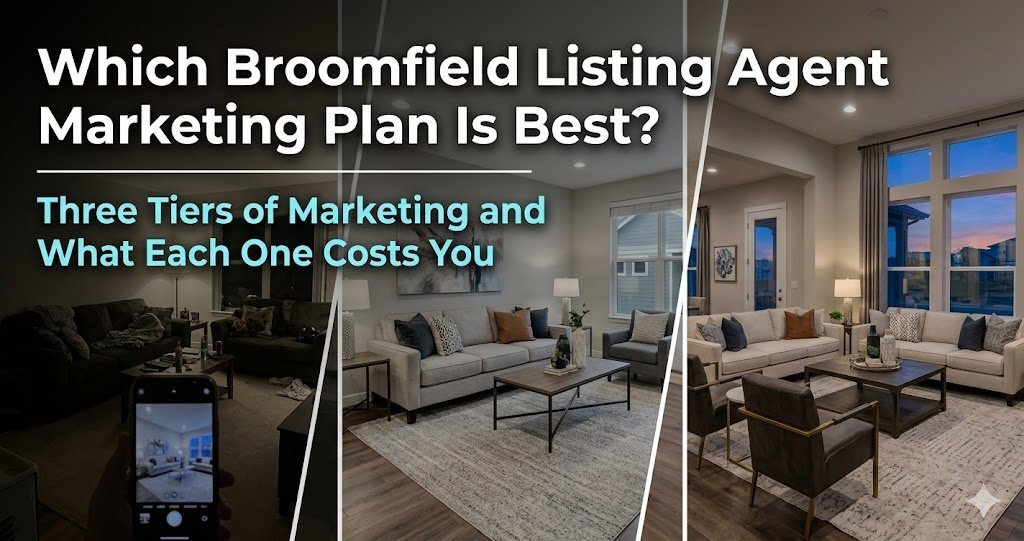 Three-panel comparison showing three tiers of real estate listing marketing from a phone photo of a dark living room to a staged living room to a professionally photographed luxury living room at twilight, with text reading Which Broomfield Listing Agent Marketing Plan Is Best Three Tiers of Marketing and What Each One Costs You