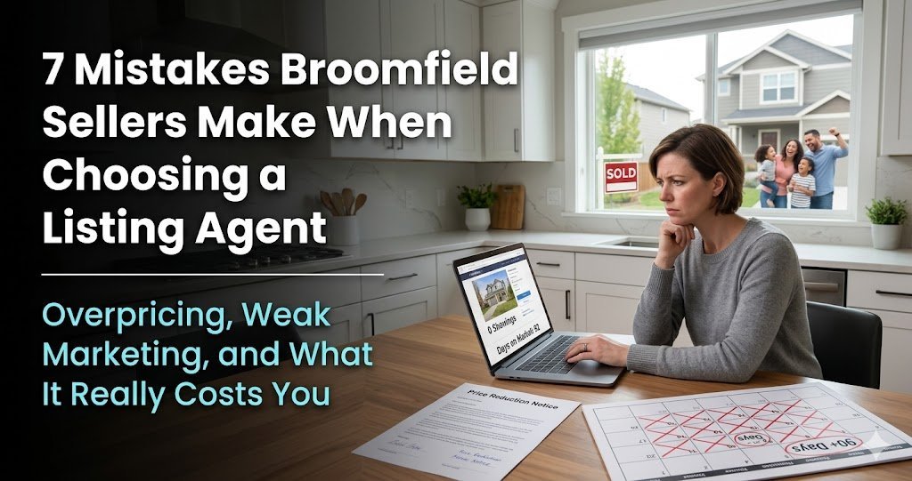 Frustrated homeowner sitting at a kitchen table with a laptop showing zero showings and a price reduction notice next to a calendar marked with expired days on market, with a family celebrating a sold home visible through the window, with text reading 7 Mistakes Broomfield Sellers Make When Choosing a Listing Agent