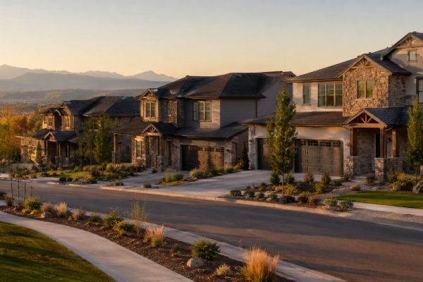 Anthem Highlands homes at golden hour with Rocky Mountain views in Broomfield Colorado