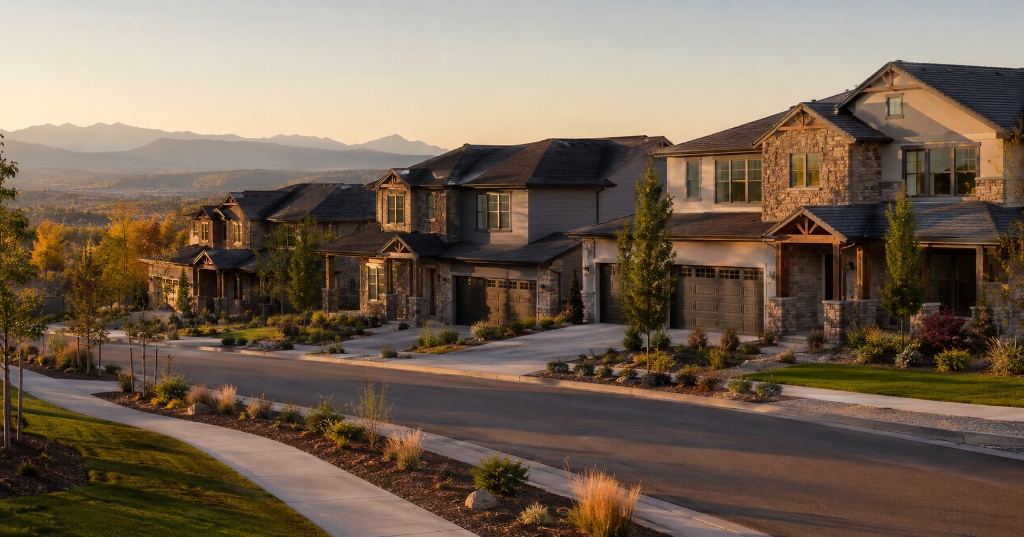 Anthem Highlands homes at golden hour with Rocky Mountain views in Broomfield Colorado