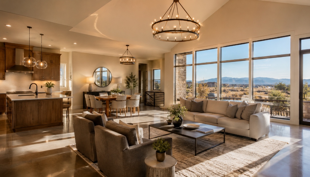 Luxury open-concept living room in Anthem Highlands home with panoramic mountain views through floor-to-ceiling windows