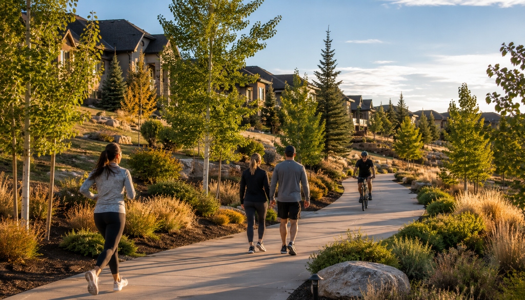 Residents enjoying walking trails through Anthem Highlands community in Broomfield Colorado with homes and mature landscaping