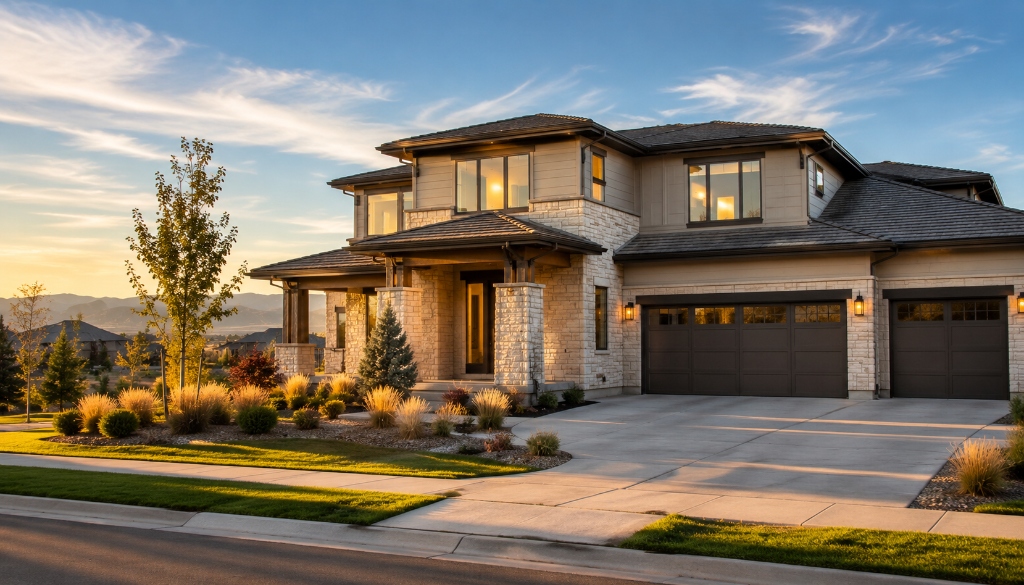 Modern Broomfield Colorado home exterior with stone accents and mountain views at golden hour representing homes requiring seller disclosures