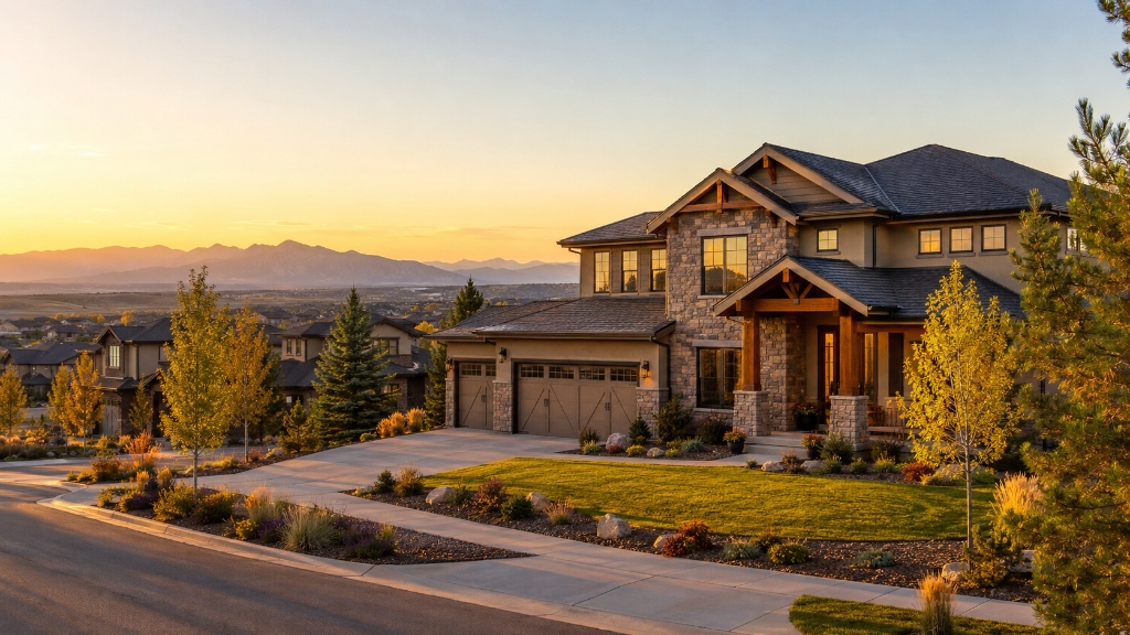 Luxury Broomfield home with mountain views at sunset
