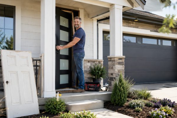 Homeowner installing a new front door on a Broomfield home before listing