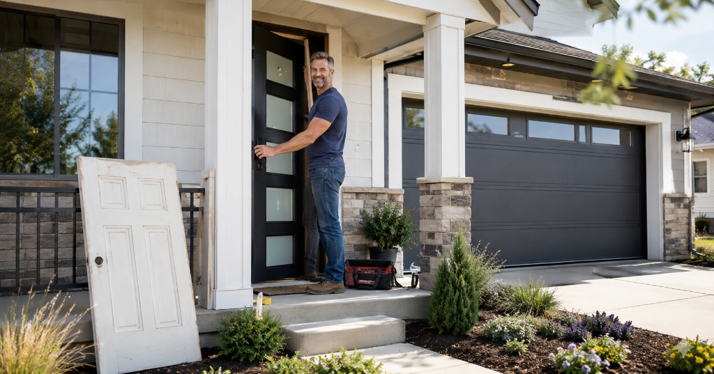 Homeowner installing a new front door on a Broomfield home before listing
