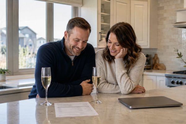 Couple reviewing home sale proceeds at kitchen counter in Broomfield home