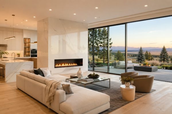 Luxury staged Broomfield home with open-concept living, fireplace, and mountain views
