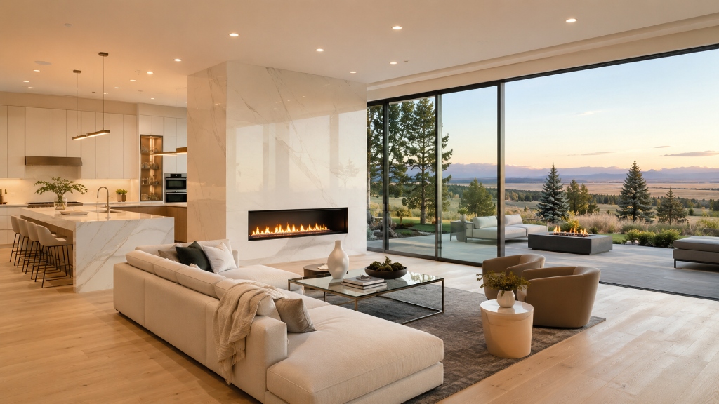 Luxury staged Broomfield home with open-concept living, fireplace, and mountain views