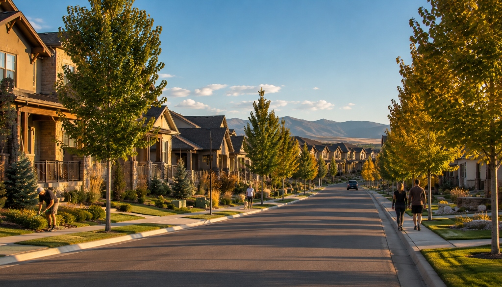 Tree-lined Broomfield Colorado neighborhood street with homes and Front Range mountain views in the background