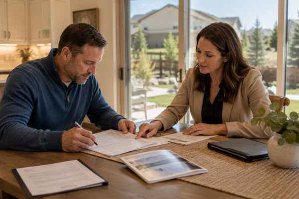 Broomfield Colorado homeowner reviewing and signing seller disclosure forms with real estate agent at kitchen table