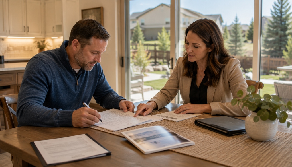 Broomfield Colorado homeowner reviewing and signing seller disclosure forms with real estate agent at kitchen table