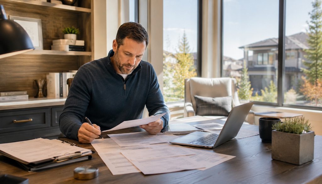 Broomfield homeowner carefully reviewing Colorado seller property disclosure forms at home office desk with laptop