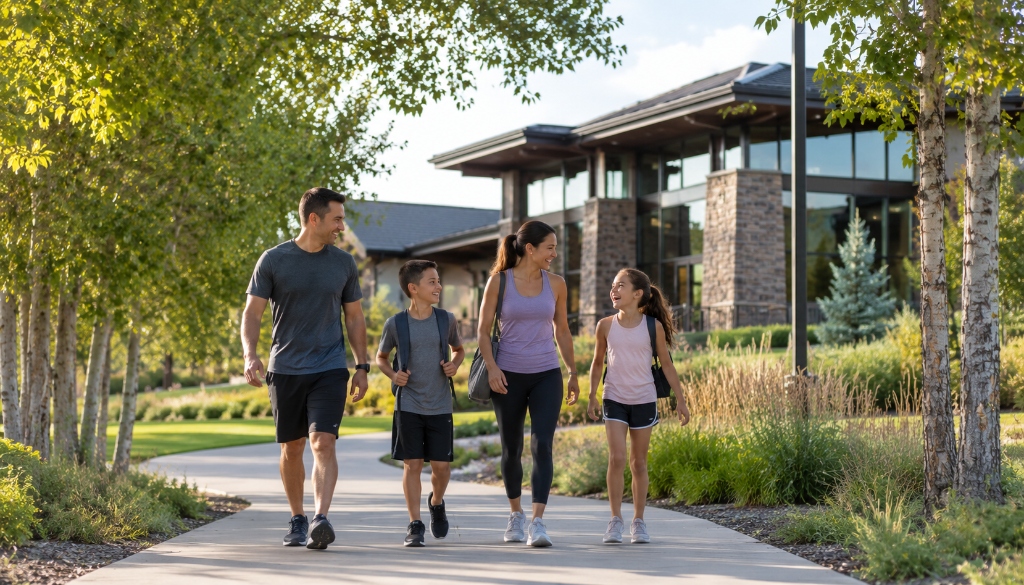 Family walking together on trail near Parkside Community Center in Anthem Highlands Broomfield Colorado