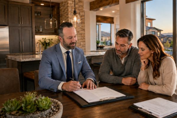 Real estate agent reviewing negotiation strategy with Anthem Highlands home sellers at their kitchen table