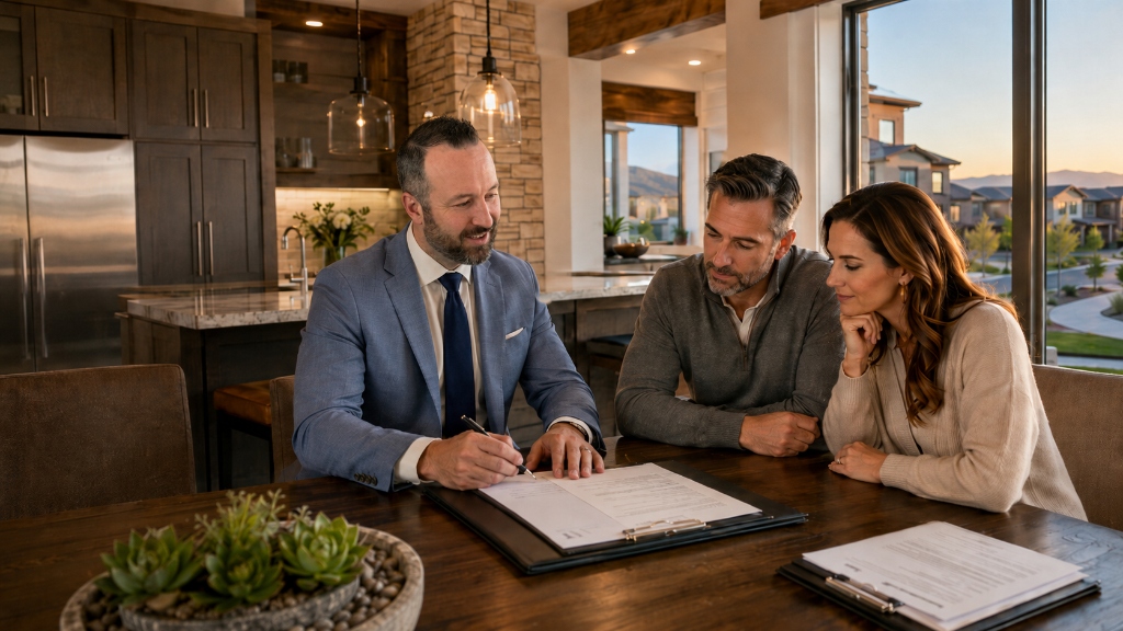 Real estate agent reviewing negotiation strategy with Anthem Highlands home sellers at their kitchen table