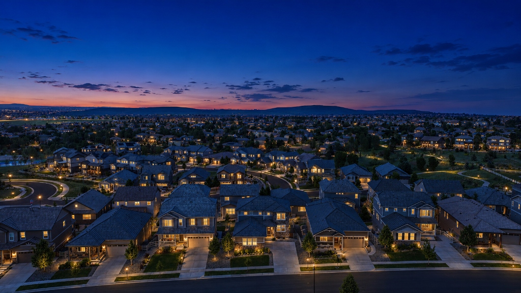 Aerial twilight view of Anthem Highlands master-planned community in Broomfield Colorado showing neighborhood layout and mountain backdrop