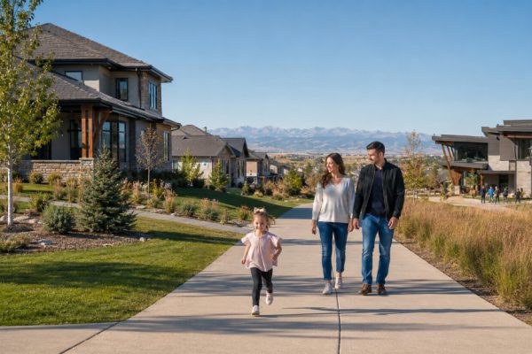Young family walking along sidewalk near Parkside Community Center in Anthem Highlands Broomfield with Front Range mountain views