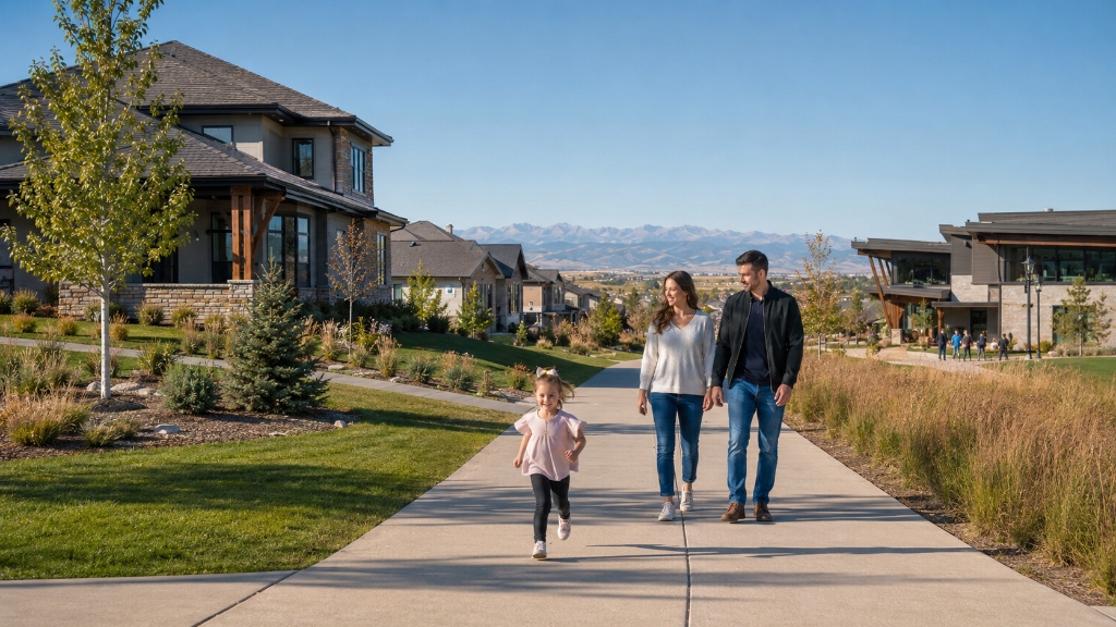 Young family walking along sidewalk near Parkside Community Center in Anthem Highlands Broomfield with Front Range mountain views