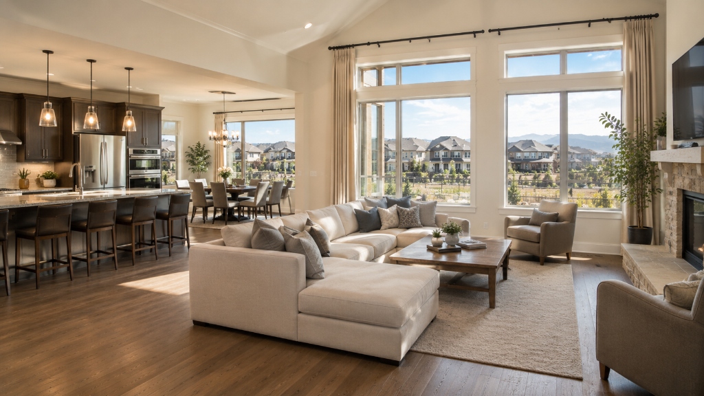 Open-concept great room and kitchen inside an Anthem Highlands home with mountain views through floor-to-ceiling windows