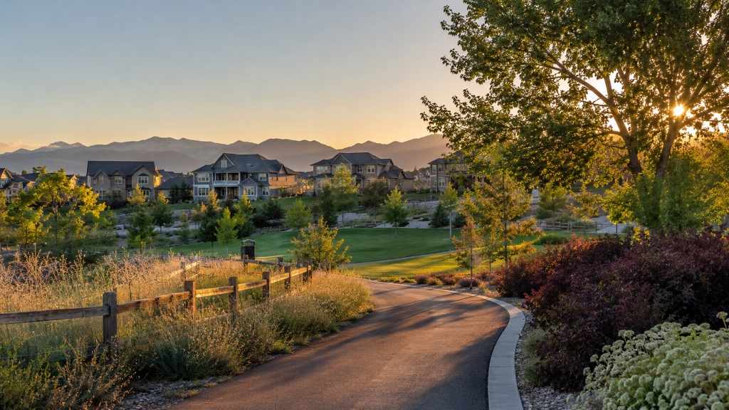 Paved trail winding through Anthem Highlands community park at golden hour with homes and Front Range mountains in the background