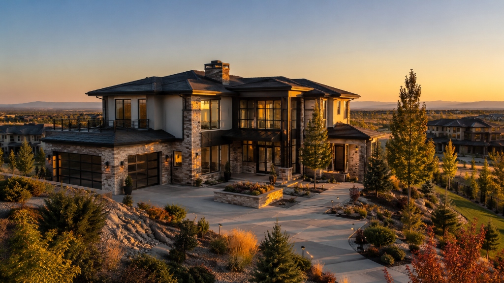 Semi-custom luxury home in Anthem Highlands Broomfield with stone facade and mountain views at sunset
