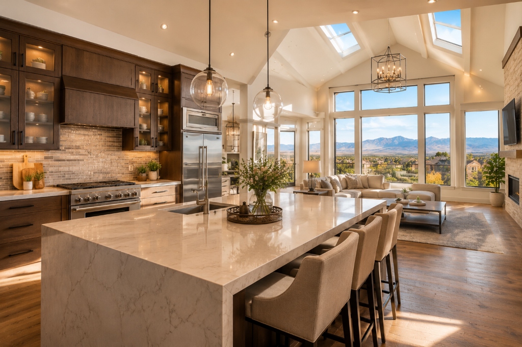 Luxury kitchen with vaulted ceilings marble island and mountain views in a Broomfield Colorado home