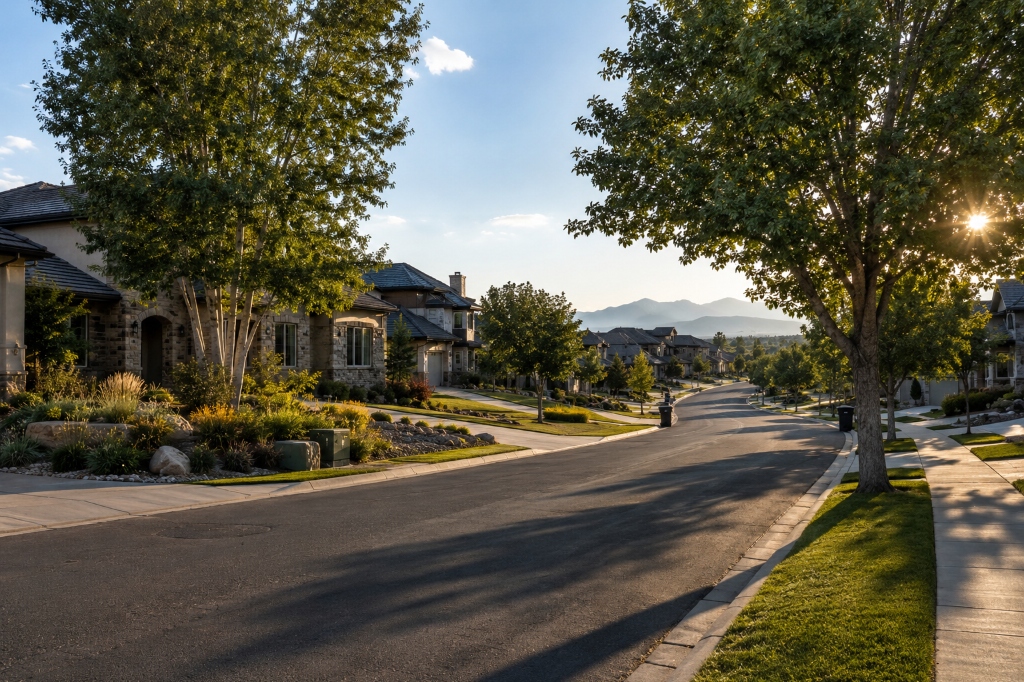 Tree-lined street in a luxury Broomfield Colorado neighborhood with mountain views and mature landscaping