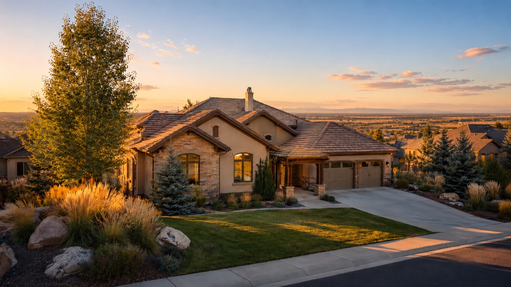 Broomfield Colorado luxury home exterior at sunset with mountain views