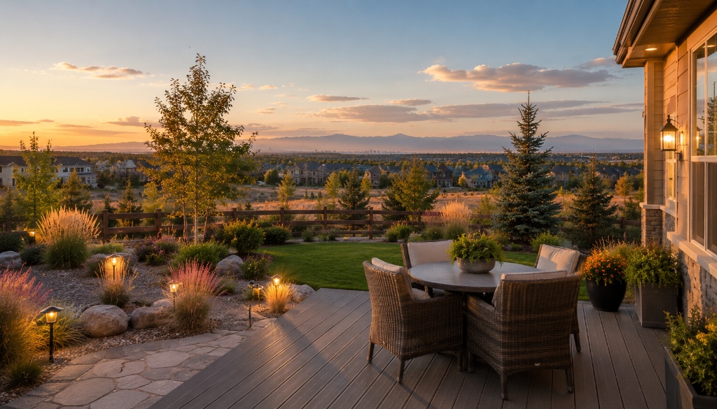 Broomfield home outdoor living space with deck and mountain views at sunset