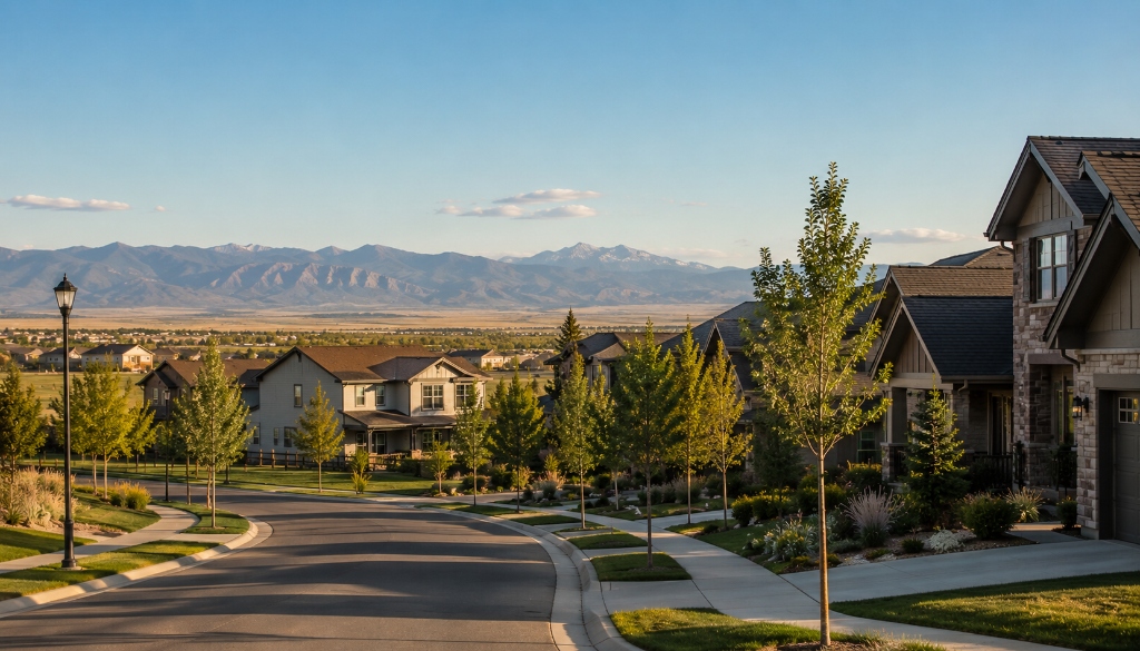 Broomfield Colorado neighborhood street with homes and mountain views