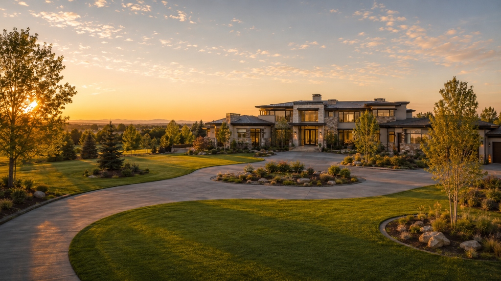 Luxury estate home in Broomfield Colorado with circular driveway at sunset