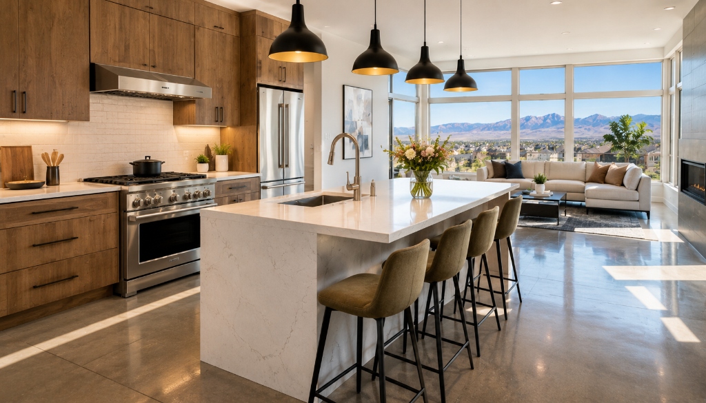 Modern luxury kitchen in Broomfield home with mountain views and open floor plan