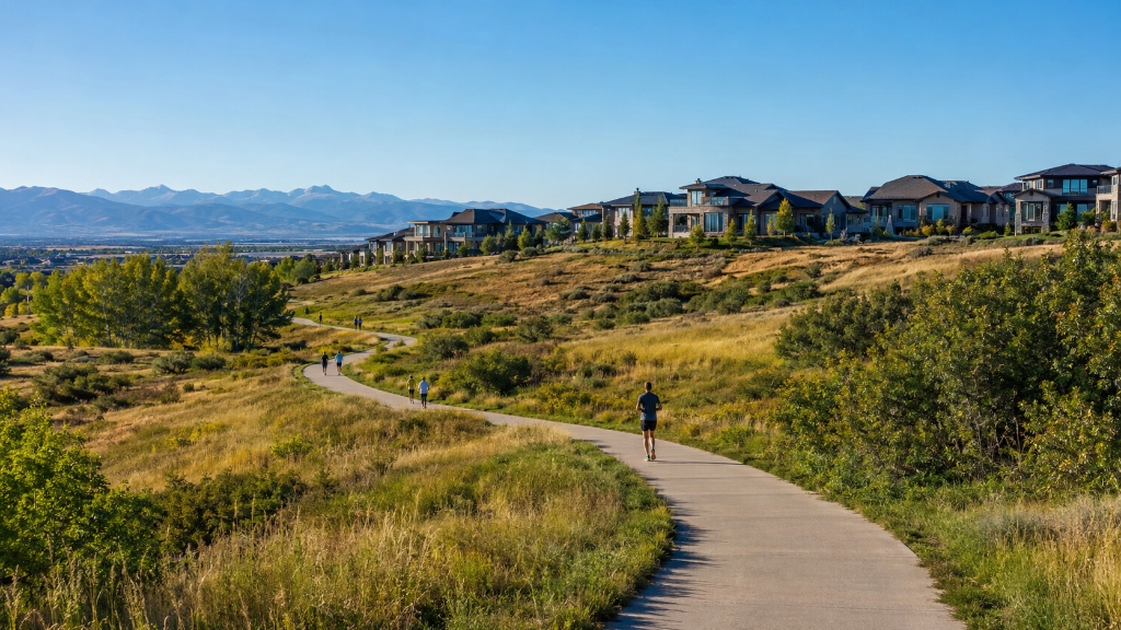 Broomfield Colorado trail system with luxury homes and mountain views in Anthem Highlands