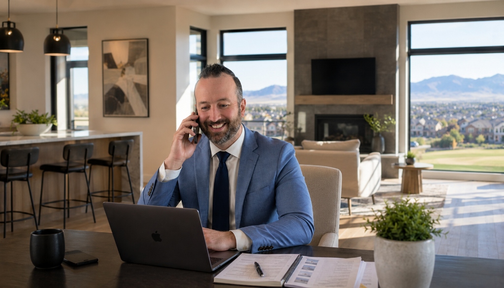Real estate agent negotiating on phone in luxury Broomfield home office