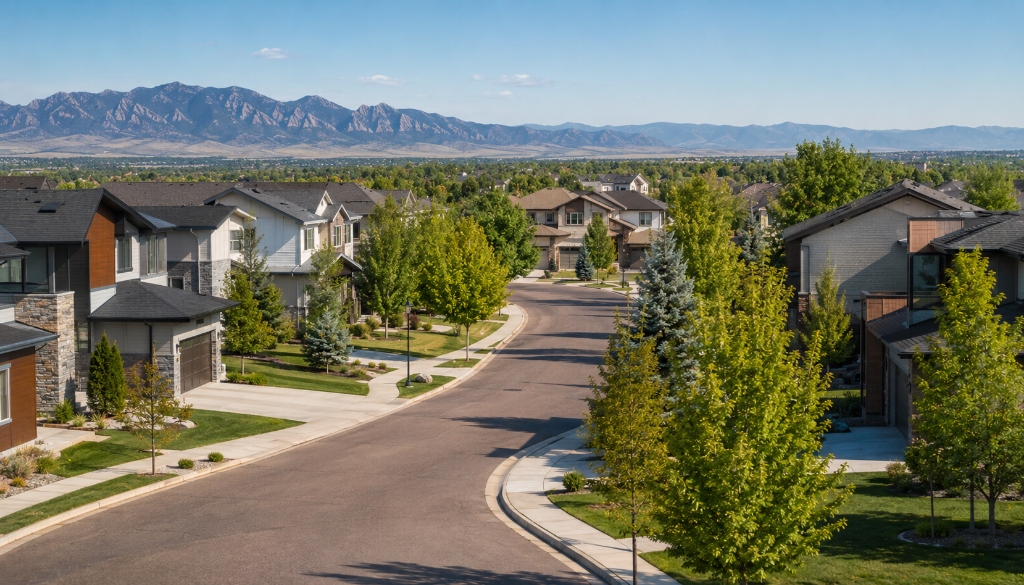Broomfield Colorado neighborhood street with mountain views