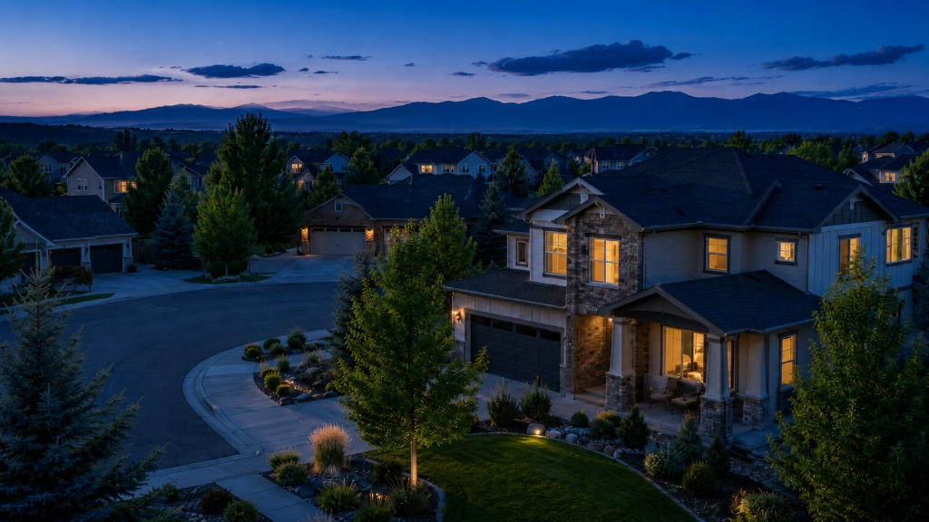 Broomfield Colorado neighborhood homes at twilight with mountain views